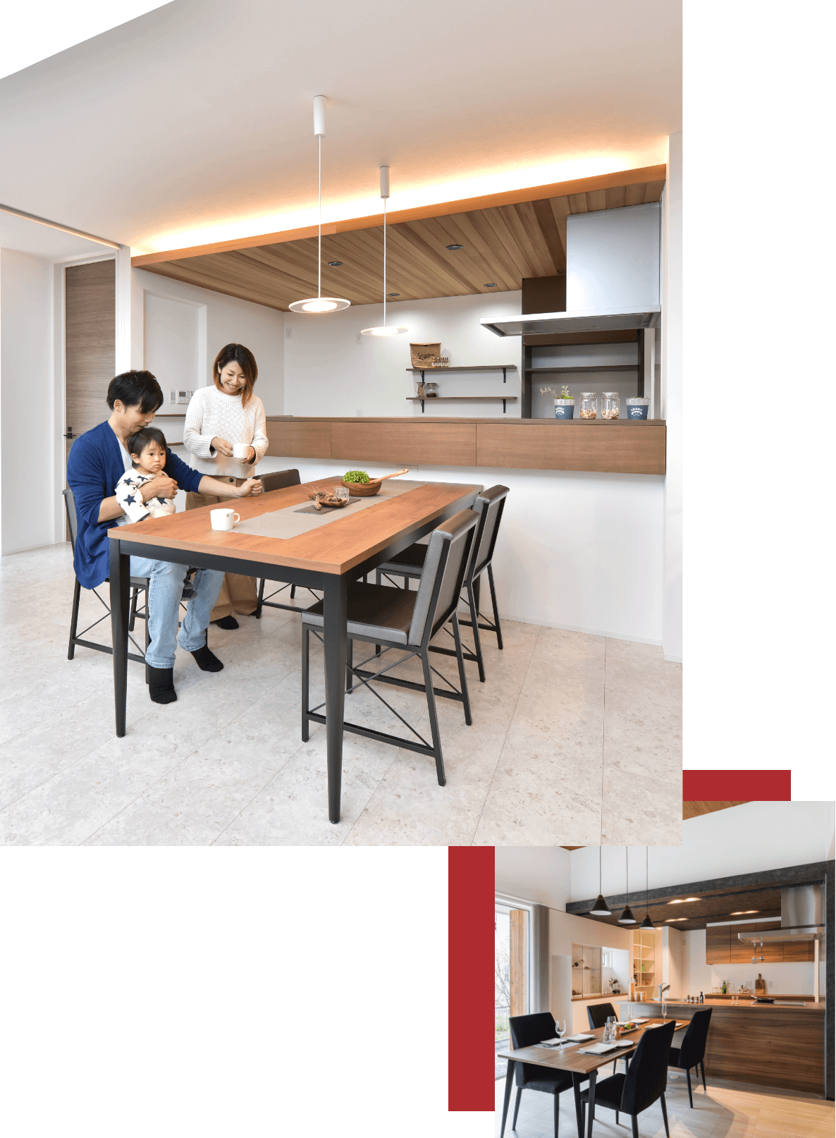 森住建住宅のダイニングでくつろぐ家族の組写真